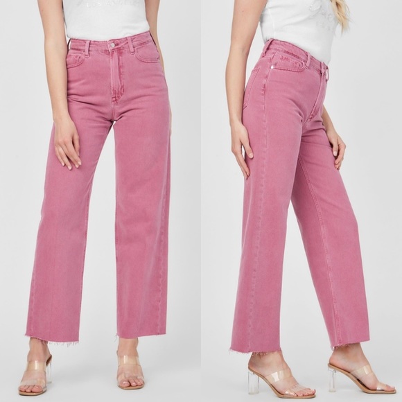 Guess | High Waisted Pink Flare Leg Raw Hem Denim Jeans 27 - Picture 4 of 11
